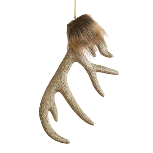Sparkling gold reindeer antler hanging ornament with brown faux fur and gold string