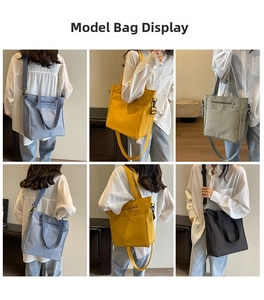 Multiple views of a large capacity canvas tote bag shown in four colors with a shoulder strap