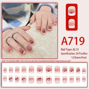 Short French cherry press-on nails with pink gradient and 24 pieces set in box A719