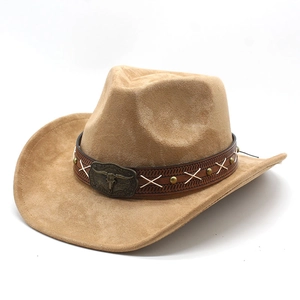Western Cowboy Hat Faux Suede Vintage Wide Brim Bull Head Metal Buckle Leather Band Ethnic Outdoor Jazz Hat For Men Women
