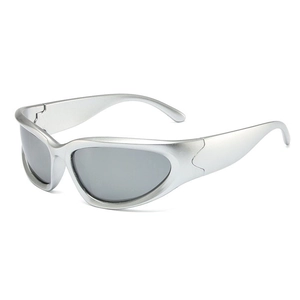 Silver Y2K sports sunglasses with futuristic streamlined frame and dark gray lenses