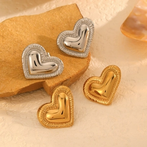 Heart Shaped Stud Earrings Stainless Steel Ribbed Texture Vertical Stripes High Polish Elegant Fashion Jewelry For Women