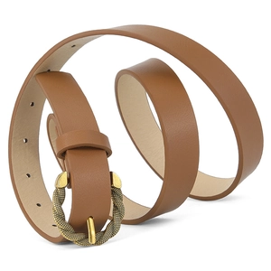 Brown snakeskin pattern PU leather belt for women with textured gold buckle on white background