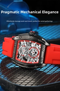 Detail view of red silicone strap and tonneau mechanical style case of men's sports watch