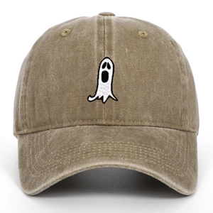 Vintage washed khaki baseball cap featuring a white ghost embroidery for Halloween