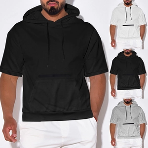 Men Hooded Short Sleeve T-Shirt Waffle Texture Casual Sports Hoodie With Kangaroo Pocket Solid Color Slim Fit