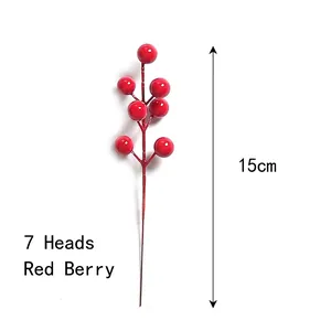 Detailed view of artificial red berry branch with seven berries and 15cm height mark