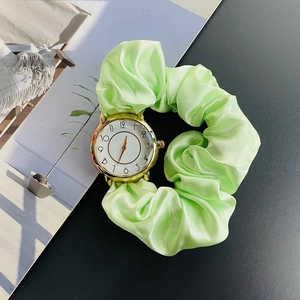 Creative women's LED watch with light green satin scrunchie strap and gold round case