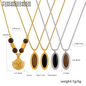 Detail view of tiger's eye shell pendant necklaces with zircon and size specifications