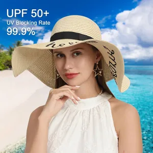 Women Large Brim Paper Straw Hat With Black Ribbon And Sunshine Letter Embroidery Foldable Beach Sun Hat For Summer Vacation