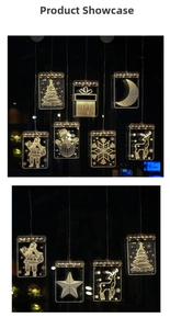 Detail of warm white 3D LED Christmas hanging lights featuring Santa and reindeer shapes