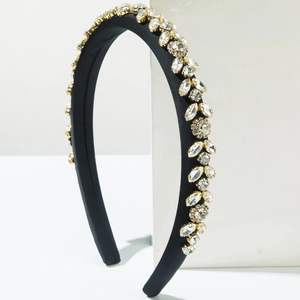 Baroque style wide black padded headband with sparkling crystal floral embroidery