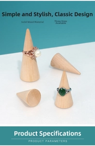 Three sizes of conical solid wood ring display stands with natural grain finish