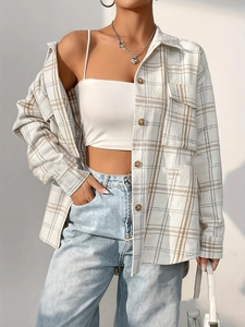 Giacca Camicia A Quadri Da Donna Manica Lunga Risvolto Bottoni Casual Taglio Lungo Blusa Con Tasche Poliestere Elastan