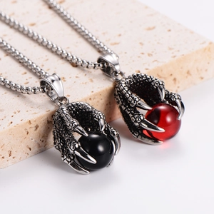 Vintage stainless steel claw pendant necklace with black and red stone beads in silver