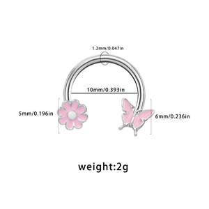 Silver stainless steel horseshoe nose ring with pink flower and butterfly accents