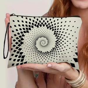 Trousse de maquillage géométrique noir et blanc avec fermeture éclair et dragonne