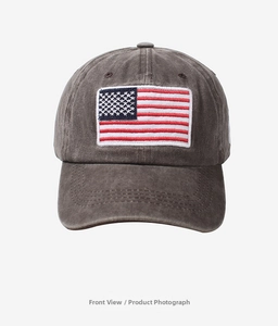 Front view of grey washed cotton baseball cap with embroidered American flag