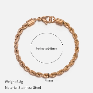 Detail shot of 4mm rose gold twisted rope chain bracelet in polished stainless steel