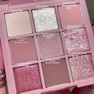 Macro detail of 9-color eyeshadow palette with matte and shimmer textures in smoky rose tones