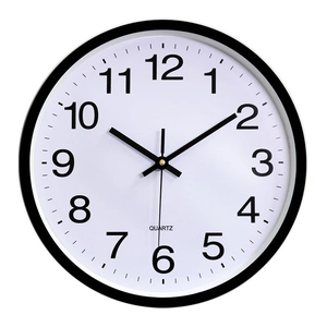 30cm minimalist round plastic wall clock with black frame and white Arabic numeral dial