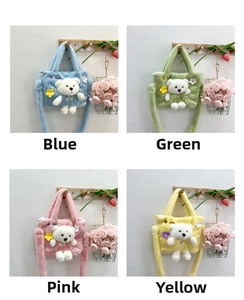 Detailed grid view of plush bear crossbody bags in blue, green, pink, and yellow colors