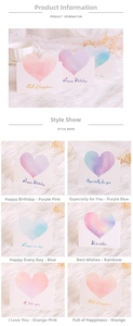 Detailed view of colorful watercolor heart-shaped greeting cards in six distinct styles