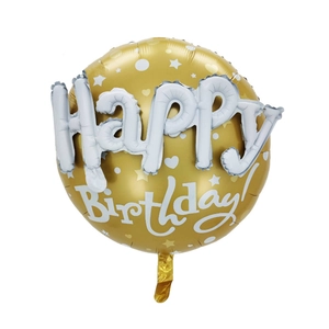 Detail of a round gold foil birthday balloon featuring Happy Birthday text and stars