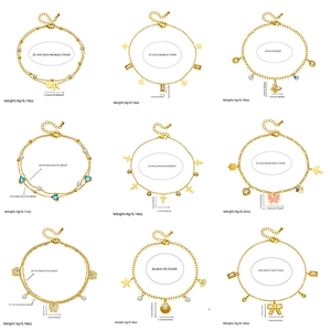 Gold anklet collection featuring butterfly and heart charms with specific sizing and weight
