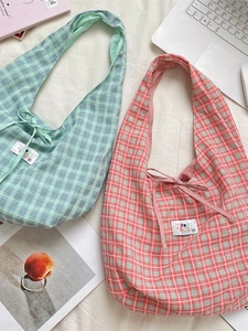 Minimalist summer plaid canvas shoulder bags with cute bow detail and woven labels
