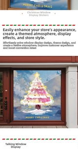 Close-up of pink Christmas tree window sticker with Merry Christmas text on glass