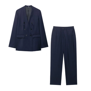 Women Double Breasted Collarless Blazer And Straight Leg Pants Business Casual Navy Blue Polyester Autumn Fashion