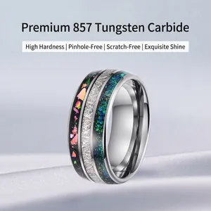 Polished tungsten steel ring for men with inlaid opal and textured metal stripes
