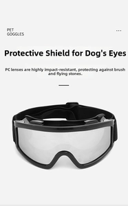 Detalle de gafas para mascotas con lentes PC resistentes y banda elástica ajustable