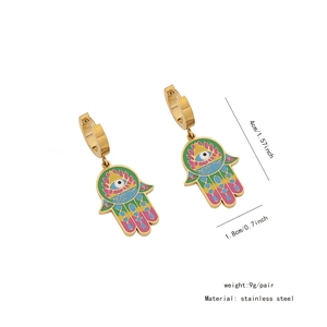 Detailed size chart for Hamsa hand gold stainless steel earrings with colorful enamel