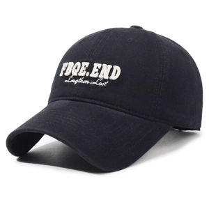Black cotton baseball cap with white 3D embroidery featuring FBQE.END on white background