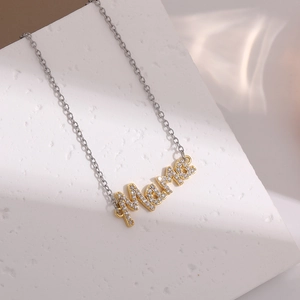 Elegant gold MAMA letter necklace with cubic zirconia stones on silver chain link