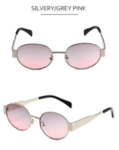 Front and side views of silver oval sunglasses with pink gradient lenses and metal frame