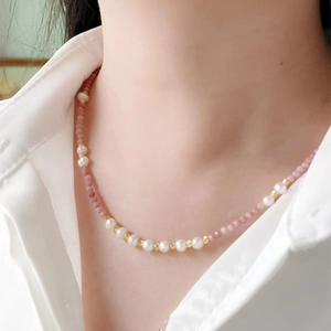 Natural Stone Pink Beaded Necklace With Freshwater Pearl Copper Golden Spacers Adjustable Jewelry For Women Sweet Style