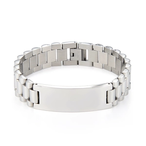 Detailed view of polished silver stainless steel ID bar bracelet with sleek industrial finish