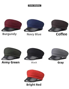 Grid display of vintage newsboy caps in seven colors with faux leather brim detail
