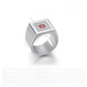 Macro shot of men's square signet ring with red zircon inlay and crystal accents