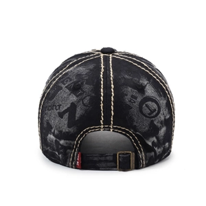 Vintage washed black denim baseball cap with contrast stitching and adjustable metal buckle