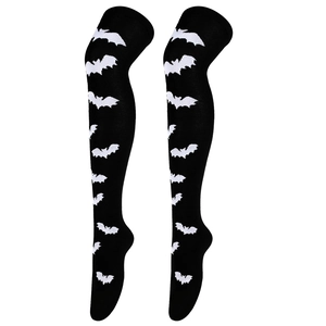Halloween festive black thigh-high socks featuring a repeated white bat pattern detail