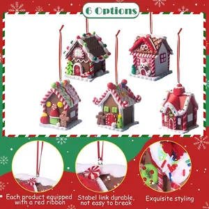 Set of 6 colorful gingerbread house Christmas tree ornaments with red hanging strings