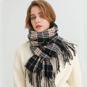 Écharpe Chaude D'hiver À Carreaux Long Châle En Imitation Cachemire Avec Glands Frange Mode Élégante Rétro Pour Femmes Hommes