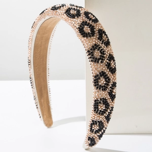Handmade beaded wide headband with leopard print design in black and champagne gold beads