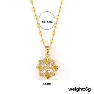 Lucky four-leaf clover spinning necklace in gold titanium steel with white zircon stones