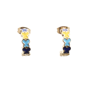 Gold plated hoop earrings featuring colorful enamel butterfly charms in blue and yellow