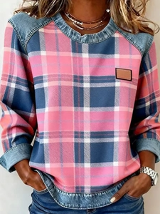 Pink and blue plaid patchwork denim sweatshirt for women with loose crewneck design